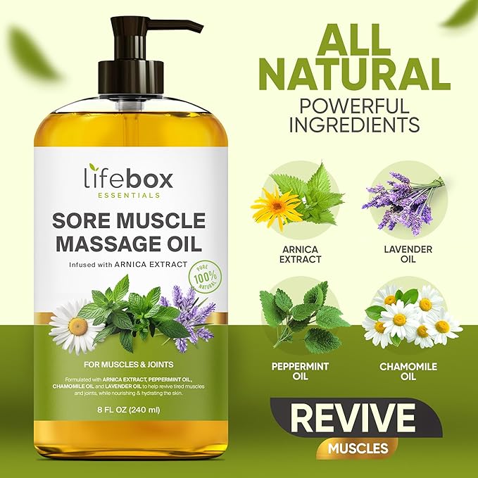 Arnica Sore Muscle Massage Oil – 100% Pure & Natural - Massage Therapy for Muscles & Joints – Body Oil Infused with Arnica Extract, Lavender Oil, Peppermint Oil & Chamomile Oil – 8 FL OZ