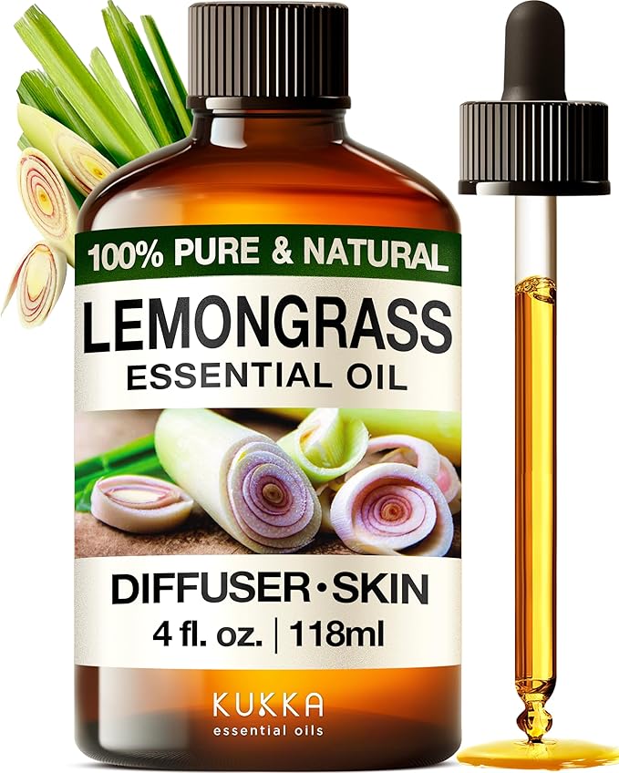 Kukka Lemongrass Essential Oil for Skin, Diffuser & Hair - 4 Fl Oz - 100% Pure Natural, Cleansing & Nourishing, Herbaceous Scent for Aromatherapy & Soap Making Scent DIY