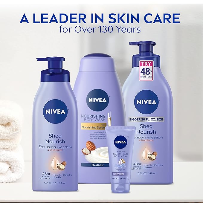 NIVEA Shea Nourish Body Lotion with Deep Nourishing Serum and Shea Butter, 48-Hour Moisturizing Body Lotion for Dry Skin, Nourishes and Smooths Dry Skin, 16.9 Fl Oz Pump Bottle