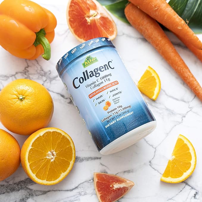 ALFA VITAMINS CollagenC Hydrolysate Peptides Powder Supplement with 1,000mg Vitamin C - Premium Quality Source of Nutrients - Skin, Hair, Nails, Immune Boost & Joints Support - Orange Flavor -11 OZ