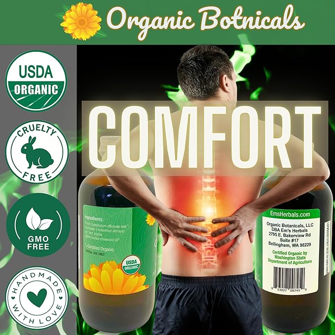 Pure Comfrey Leaf Infused Oil - Skin Care for Joints, Back, Muscles, Fractures, Bruises, and Minor Wounds, Natural Herbal Body Massage Oil, Certified Organic (8 oz)