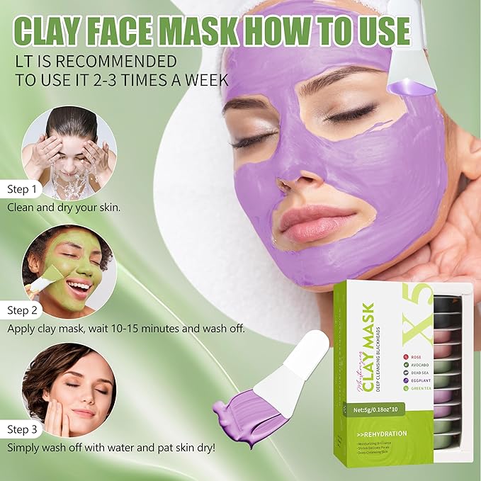 10 Pods Clay Facial Mask Set - Rose, Green Tea, Eggplant, Avocado, Dead Sea Mud, Mud Mask Deep Pore Cleansing Acne Blackhead Removal Men & Women Face Mask Skin Care,Two To Three Times A Week.