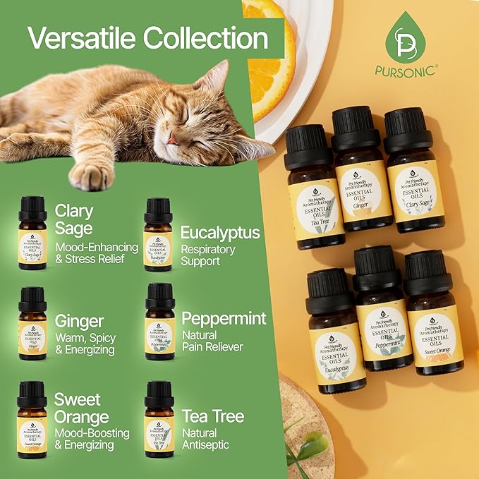 Pursonic Pet-Friendly Aromatherapy Oil Blends, 6-Piece Set with Eucalyptus, Sweet Orange, Peppermint, Clary Sage, Tea Tree, Ginger - Vet-Approved, Pet-Safe Aromatherapy, 10 ML