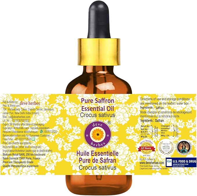 Deve Herbes Pure Saffron Essential Oil (Crocus sativus) with Glass Dropper Steam Distilled 2ml (0.06 oz)