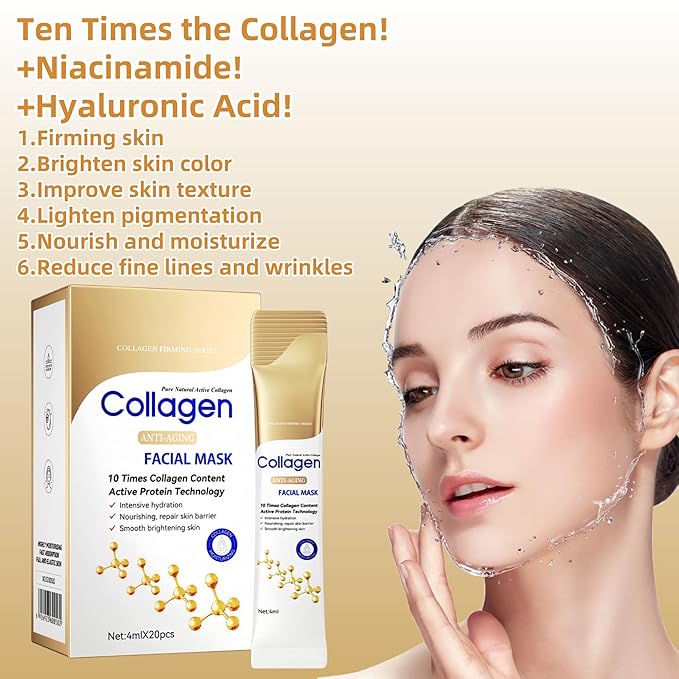 Tenfold Collagen Face Mask, Face Masks Skincare, Hydrates, Moisturizes, Brightens, Firms, and Reduces the Appearance of Fine Lines and Wrinkles, Contains Niacinamide and Hyaluronic Acid (2box)