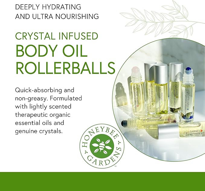 Honeybee Gardens Crystal Infused Body Oil Rollerball, Garnet, Organic, Moisturizing, Non-Greasy, for All Skin Types, 2 Fl Oz