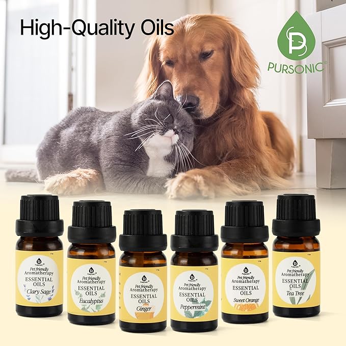 Pursonic Pet-Friendly Aromatherapy Oil Blends, 6-Piece Set with Eucalyptus, Sweet Orange, Peppermint, Clary Sage, Tea Tree, Ginger - Vet-Approved, Pet-Safe Aromatherapy, 10 ML