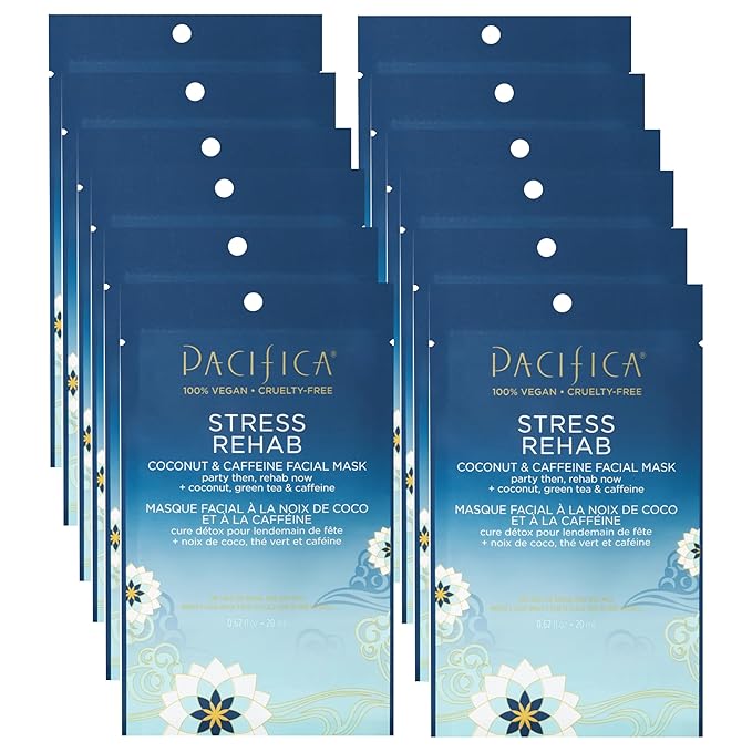 Pacifica Sheet Mask - Stress Rehab Coconut & Caffeine Facial Mask - 12-PACK De-Stress Sheet Mask for Redness & Puffiness Relief, Infused w/Green Tea, Turmeric & Hyaluronic Acid Cruelty-Free Skincare
