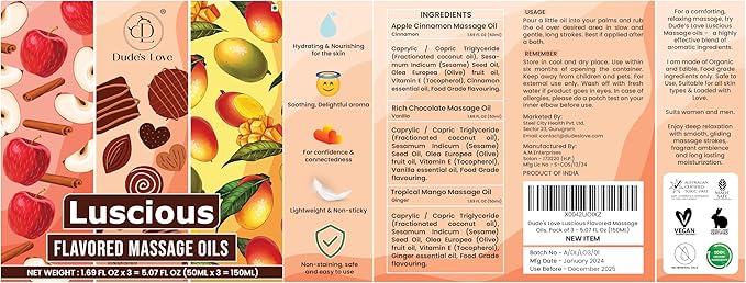 Dude's Love Luscious Flavored Massage Oil Set - Pack of 3 - Organic - Chocolate, Apple Cinnamon, Mango Ginger - Non-Sticky, Nourishing & Moisturizing - Aromatherapy Vegan Oil - 1.69 FL OZ x3