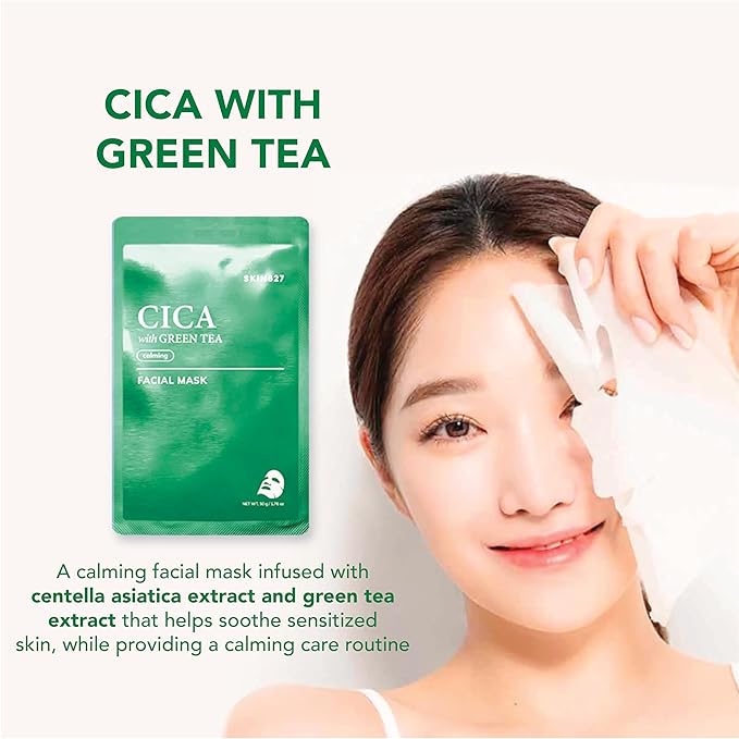 SKIN627 Bulk 12PK Face Masks Skincare, Korean Skincare, Facial Mask, Sheet Masks Korean (12PK Cica with Green Tea)