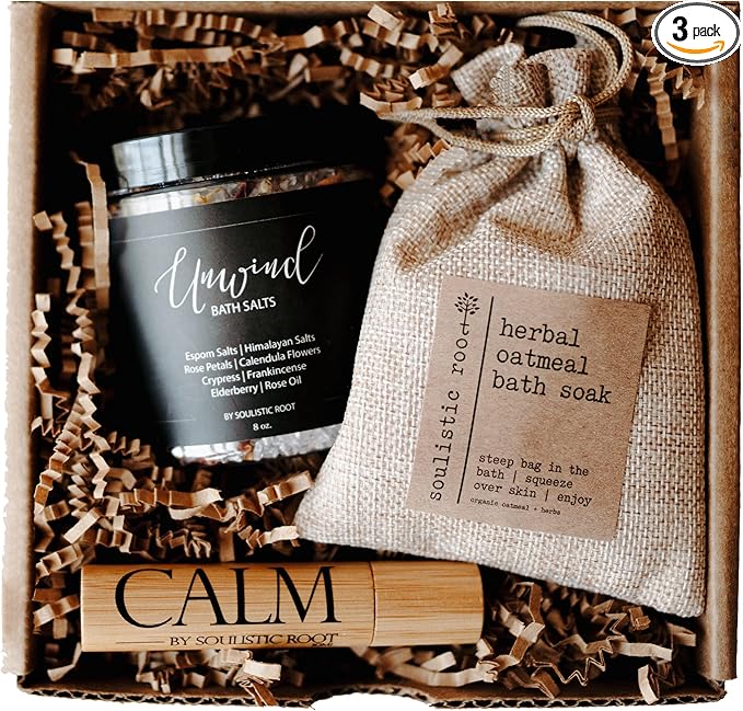 Relaxing Bath Gift Set, Luxury Spa Gifts for Women, Self Care Products for Women and Men, Calm Essential Oil Roller, Oatmeal Lavender Bath Soak & Epsom Salts with Essential Oils