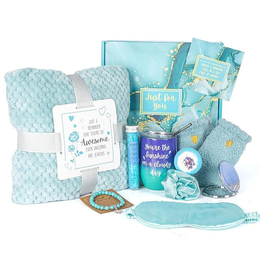 Self Care Gift Set for Women - With Bracelet, Spa Goods, Eye Mask, Blanket, Cup, Hair Tie, Socks, Mirror & Card - Unique Wellness, Birthday Gift Care Package - Get well soon gift baskets for women