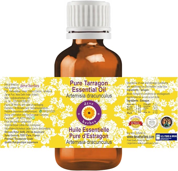 Deve Herbes Pure Tarragon Essential Oil (Artemisia Dracunculus) Steam Distilled (Pack of Five) 100ml X 5 (16.9 oz)