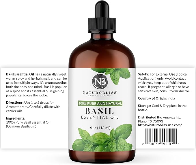 NaturoBliss 100% Pure Basil Essential Oil Therapeutic Grade Premium Quality (4 fl. oz) with Glass Dropper, Perfect for Aromatherapy