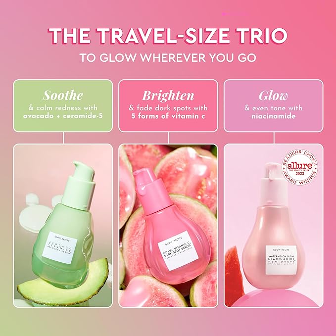 Glow Recipe Soothe, Glow & Bright Gift Set - Niacinamide Dew Drops Illuminating Primer & Avocado Ceramide Facial Serum & Guava Dark Spot Serum - Korean Skincare Travel Kit (3 Count)