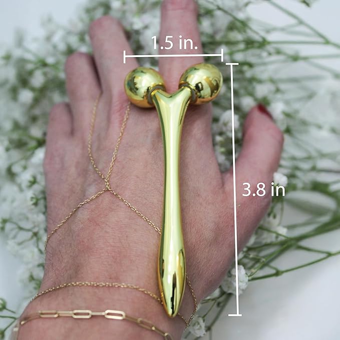 mwein Ivy 3D Face Massage Roller – Mini Lightweight Small Travel-Sized Y-Shaped Stainless Steel – Jade Roller, Ice Roller, Cellulite Roller – Face Sculpting Tool (Gold)