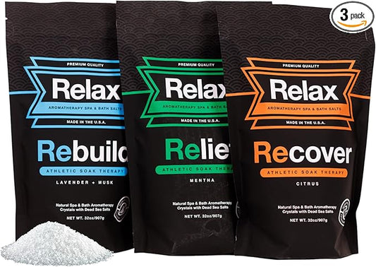 Relax Spa & Bath, Epsom & Dead Sea Salts, Aromatherapy Bath Salts for Hot Tub, Bath, or Spa, Infused with Magnesium, 3 Pack, Athletic Soak Therapy