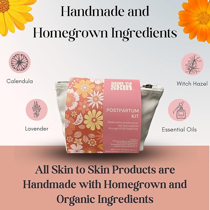 Skin to Skin Postpartum Recovery Kit - 4 Piece Set in Cosmetic Bag - Includes: Herbal Bath, Recovery Spray, Restorative Salve, Nipple Butter - After Birth Care