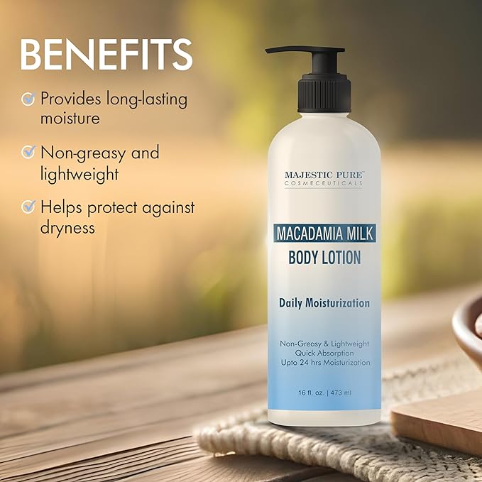 Majestic Pure Macadamia Milk Daily Moisturizing Body Lotion with Aloe Leaf Extracts | Nourishing & Moisturizing | Quick Absorbing, Lightweight & Non Greasy | For All Skin Types | 16fl oz