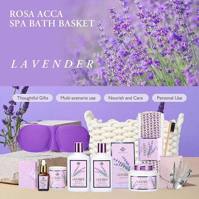 Mother's Day Gift for Mom, Bath and Body Gift For Women - Lavender Home Spa Gift Set, Shower Gel,Bubble Bath,Lotion,Bath Bombs,Eye Mask,Manucure Set, Bath Belt, Body Oil,Bath Soak,Lip Balm,Soy Candle