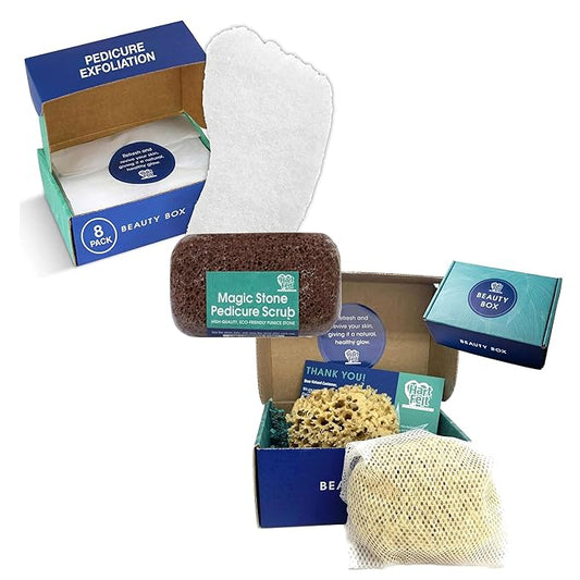 HartFelt Beauty Box Bundle with Exfoliation Foot Scrub and Delicate Skin Wool Sea Sponge, Shower Sponges for Women & Men, Shower Scrubber Gift Box