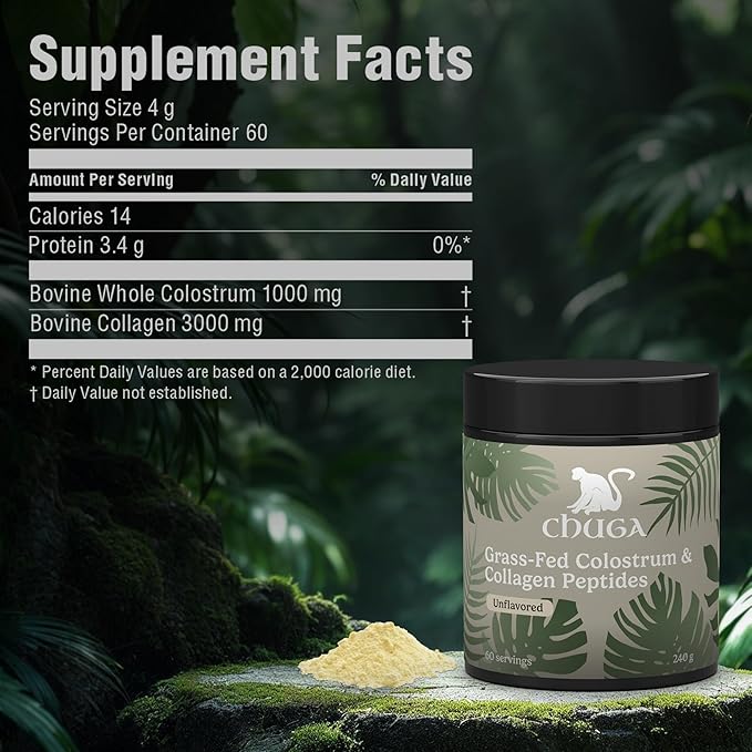 Chuga Grass Fed Colostrum & Collagen Peptides 60 Servings | Enhances Hair & Nails | Glowing Skin | Gut Wall Strengthening