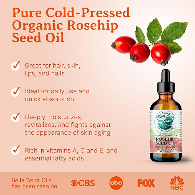 Bella Terra Oils - Organic Rosehip Seed Oil 2 oz - Cold-Pressed Elixir, Rich in Vitamin A, C, & E, Linoleic & Alpha-Linolenic Acid, Perfect Facial Emollient