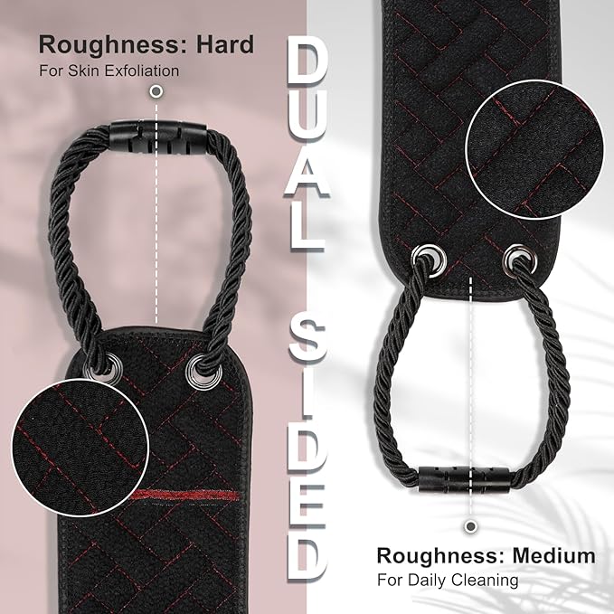 Exfoliating Back Scrubber with Upgraded Handles, 38.5 Inch Double-Sided Body Scrub Bath Exfoliator, Exfoliating Washcloth for Use in Shower, Back Washer to Deep Clean Your Skin for Men & Women (Black)