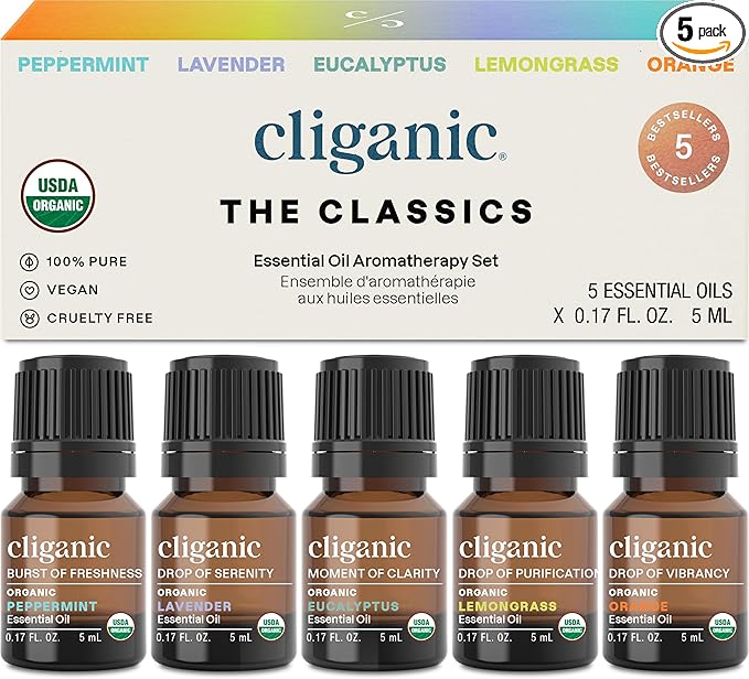 Cliganic Organic Essential Oils Set (Top 5 - The Classics) - 100% Pure Natural - Aromatherapy, Candle Making - Peppermint, Lavender, Eucalyptus, Lemongrass & Orange (Packaging May Vary)
