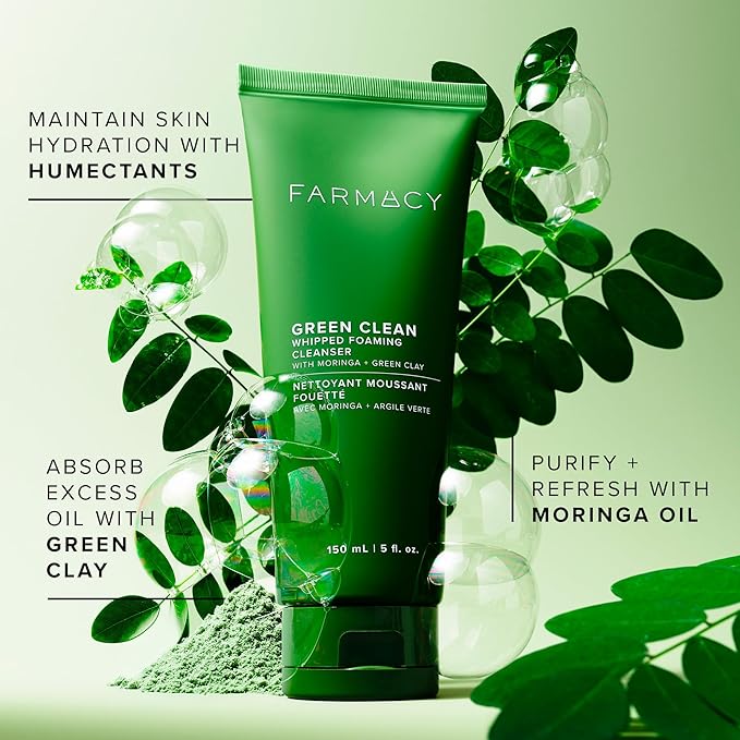 Farmacy Foaming Face Wash for Oily Skin - Whipped Greens Oil-Free Gentle Facial Cleanser + Exfoliator - Infused with Green Clay to Remove Impurities, Control Oil + Maintain Skin Hydration (5 fl oz)