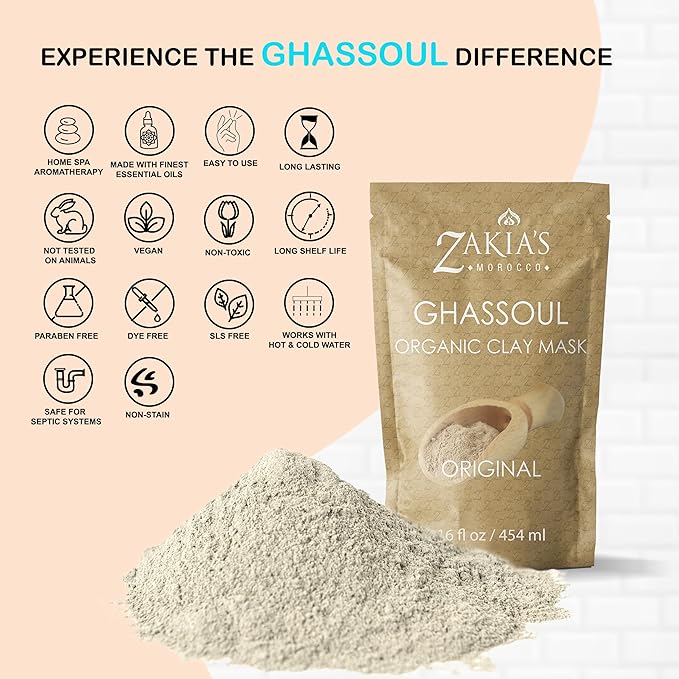 Moroccan Ghassoul Clay Mask - Organic Natural Facial Mask and Skin Care Treatment - Anti-aging Mud Mask Heals Dry & Oily Skin, Acne, Eczema & Psoriasis - 8 Oz