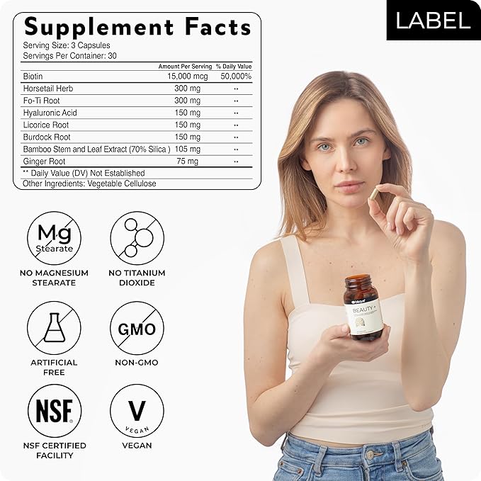Blisque - Natural Beauty Supplement for Nail Strength, Hair Growth, and Skin Care | with Biotin & Hyaluronic Acid | Doctor Approved | Vegan and Non-GMO | 90 Capsules