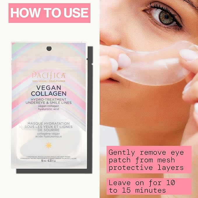 Pacifica Vegan Collagen Undereye & Smile Line Patches – Hydrating Hydro-Treatment Mask for Fine Lines & Wrinkles, Plumping Under Eye & Laugh Line Gel Pads, Unscented, 100% Vegan (2 Patches)