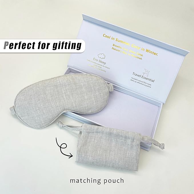 Linen Eye Mask for Girls,Travel Breathable Sleep Mask,Adjustable Strap, Hypoallergenic, Cooling with Travel Bag Gift Package(Dark Olive)