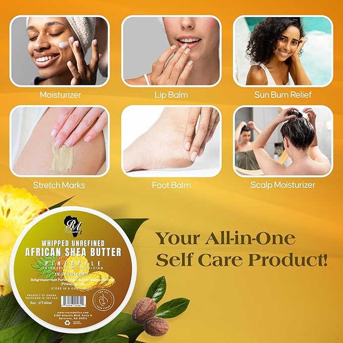 RA COSMETICS Whipped Shea Butter Pineapple - 6oz | 100% Pure & Natural African Shea Butter for Men & Women - Ultimate Handcrafted Moisturizer with Essential Vitamins for Radiant Skin