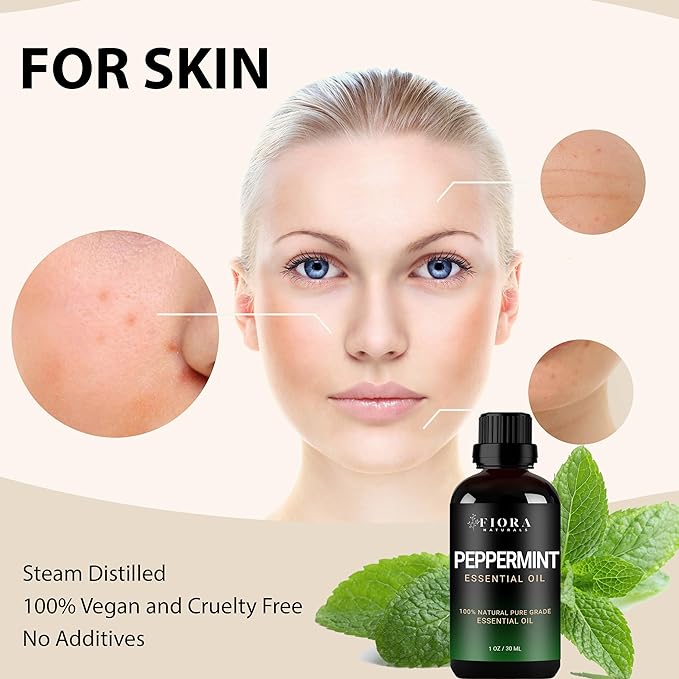 Peppermint Essential Oil by Fiora Naturals - 100% Pure Peppermint Oil for Hair Growth, Skin and Scalp Acne, Diffuser, DIY soap, and Candle Making. Pure Mentha Piperita Oil - 1 oz /30ml