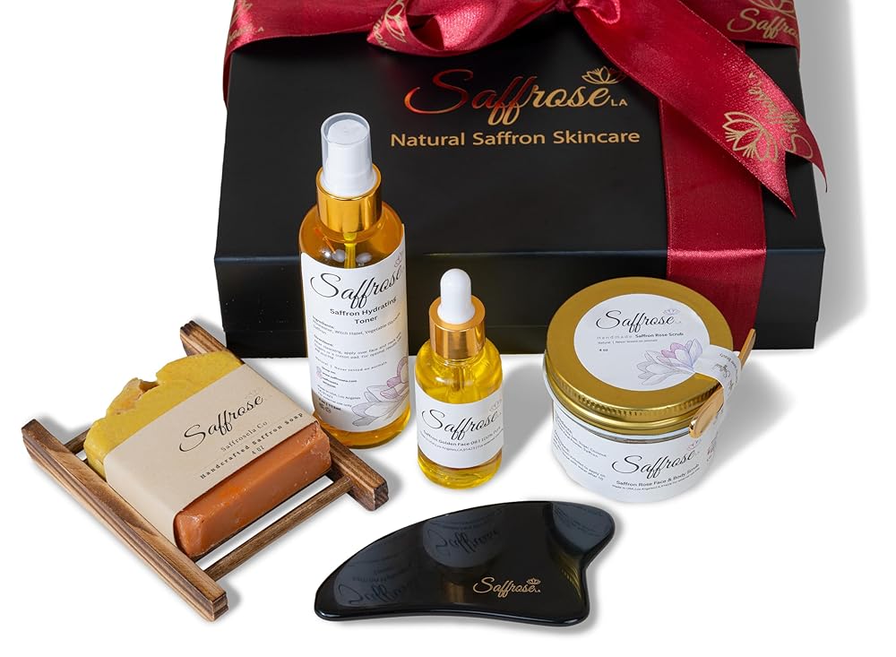 Handmade Saffron Skincare Gift Set, 5pc including Saffron Soap, Bamboo Soap Dish, Saffron Scrub, Saffron & Rose Facial Toner, Facial Oil, & Gua Sha