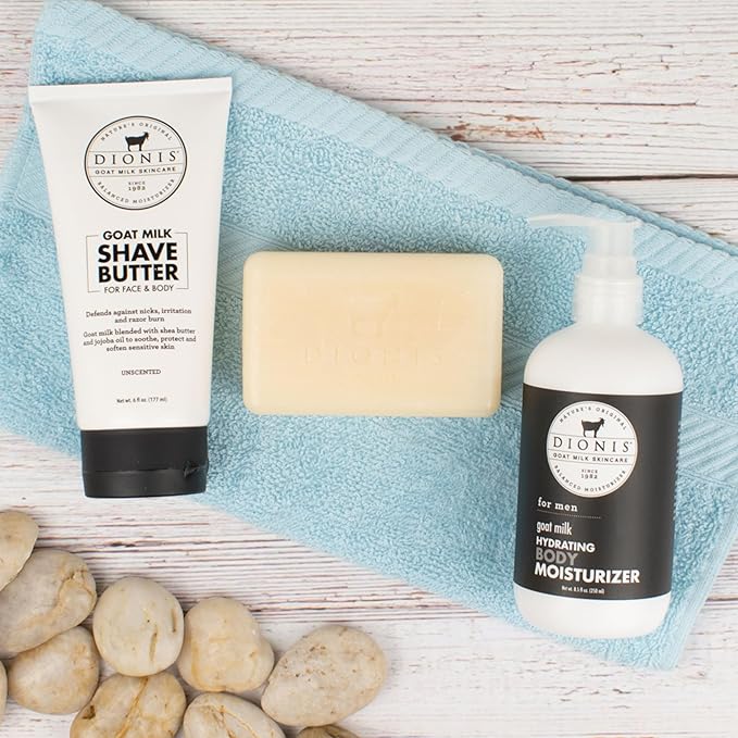 Dionis Goat Milk Men's Skincare Bundle – Cedarwood & Sea Salt Scented Bar Soap (6 oz) & Unscented 3pc Bath & Body Set with Moisturizer, Shave Butter & Soap – Hydrating, Gentle, Cruelty-Free