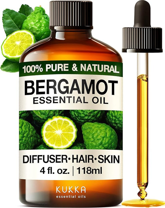 Kukka Bergamot Essential Oil for Diffuser and Skin - 4 Fl Oz - 100% Pure Natural Bergamot Oil for Aromatherapy, Hair Shampoo ,Bath Bomb & Soap Making Scent DIY