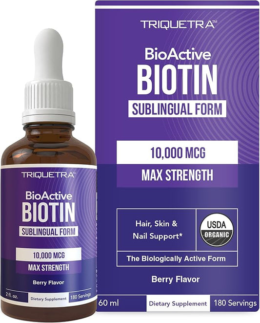 Biotin Hair Support for Women – Organic 10000mcg USP Grade – Premium Liquid Supplement for High Absorption – Supports Healthy Hair, Skin & Nails – Berry Flavor – 180 Servings – 2 oz