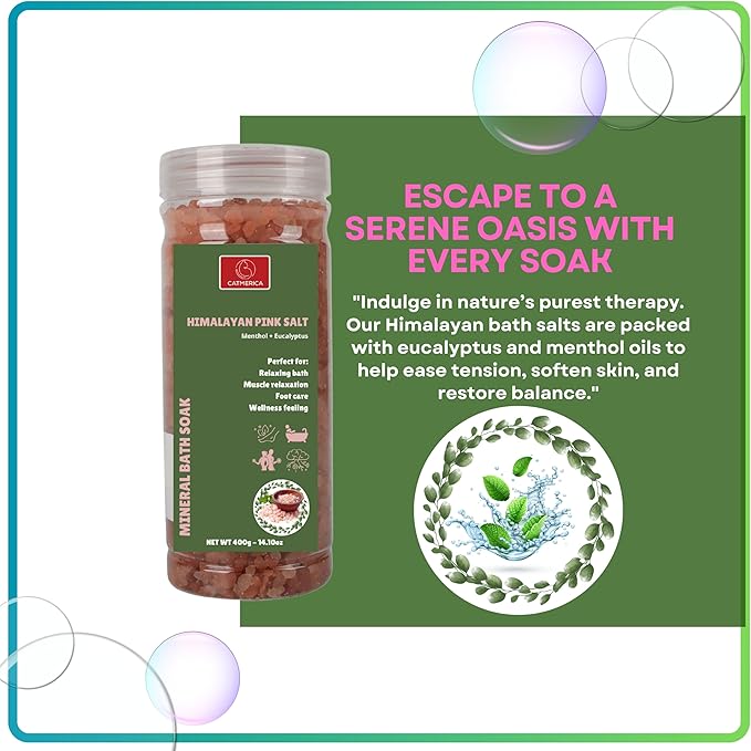 CATMERICA-Pink Himalayan Bath Salt with Eucalyptus and Mint Scent. Perfect for Aromatherapy, Relaxation, Wellness, Muscle Recovery, Body Care. Alternative to Epsom Salt, Magnesium Bath Flakes.