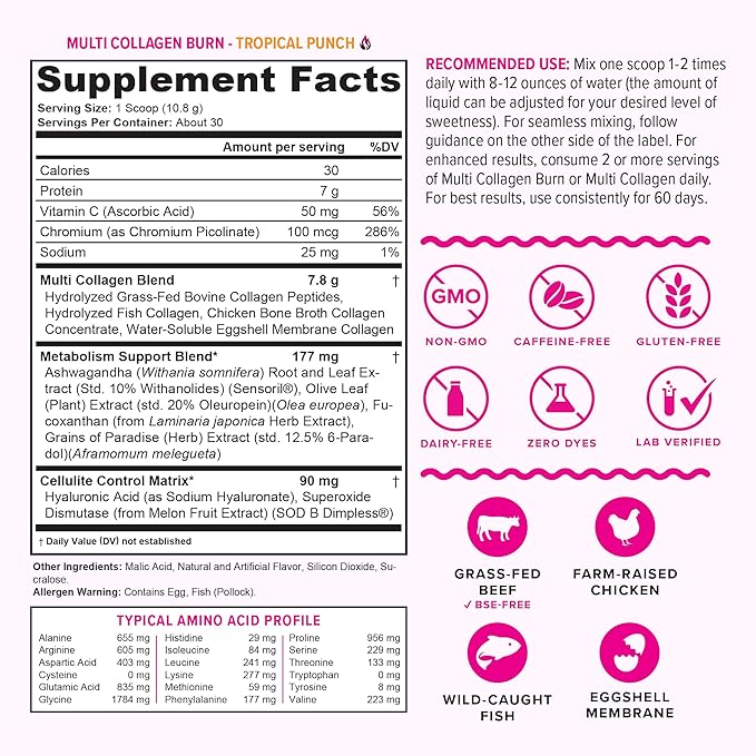 Multi Collagen Burn: MultiType Hydrolyzed Protein Peptides with Hyaluronic Acid, Vitamin C, SOD B Dimpless, Types I, II, III, V and X, with Caffeine 30 Servings Tropical Punch Flavored