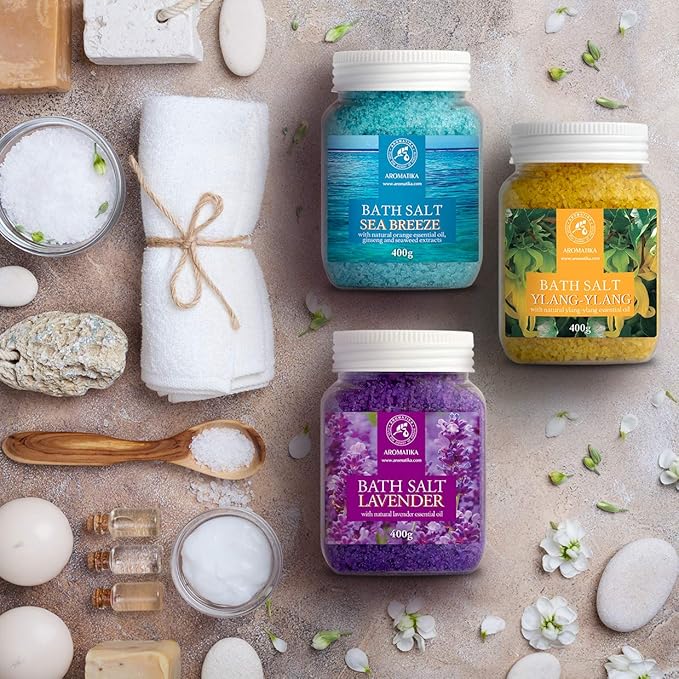Bath Salts Set 42 Oz - Lavender - Sea Breeze - Ylang-Ylang - 100% Natural Essential Oil - Bathing - Body Care - Beauty - Relaxation - Spa
