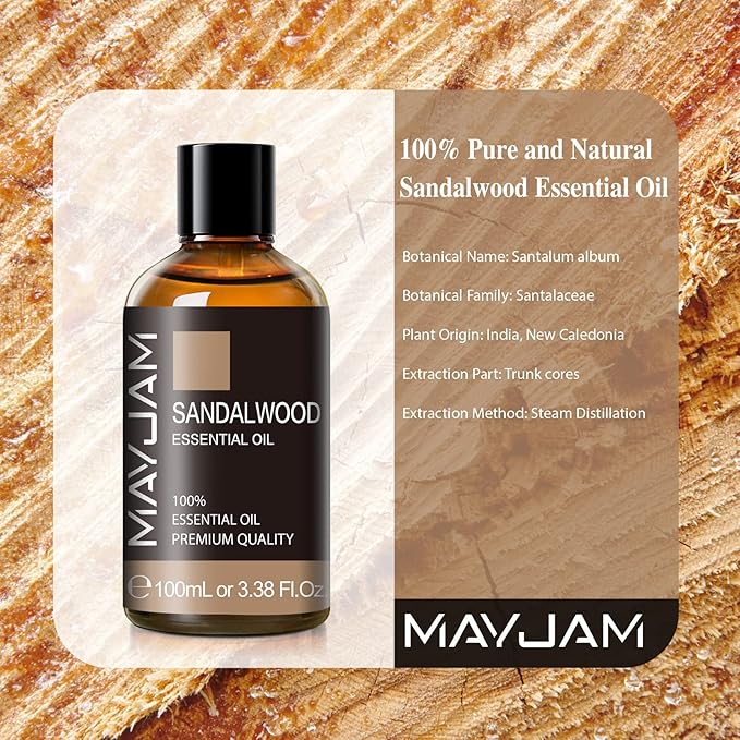 Sandalwood Essential Oil, 3.38FL.OZ Pure Essential Oils by MAYJAM, Large Volume Sandalwood Oil, Perfect for Aromatherapy Diffuser, Great for DIY Candle and Soap Making