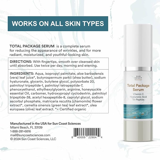 Sun Coast Sciences - Total Package Serum, All-In-One Vitamin C, Hyaluronic Acid, Peptides Serum For Face, Anti-Aging Facial Super Serum for Wrinkles, Age Spots - 1 fl oz (4)