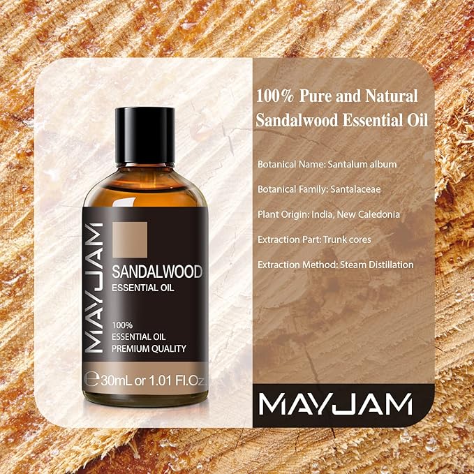 Sandalwood Essential Oil 1.01FL.OZ, MAYJAM Premium Aromatherapy Sandalwood Oil for Diffuser, Candle Making, Home Office Car Yoga Use, 30ML/Bottle