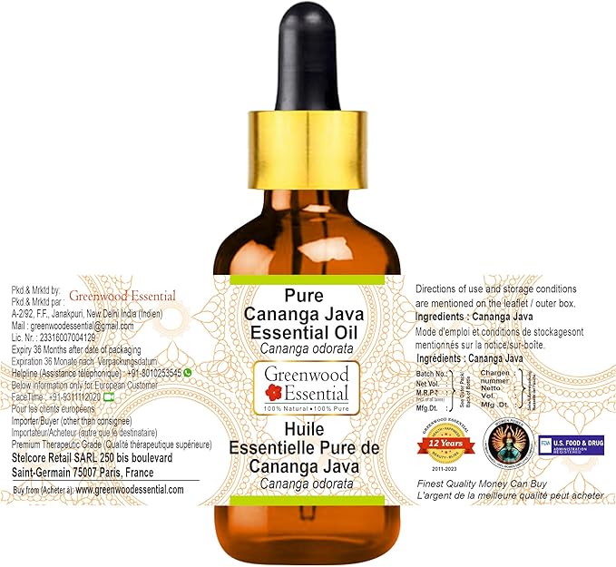 Pure Cananga Java Essential Oil (Cananga odorata) with Glass Dropper Steam Distilled 10ml (0.33 oz)