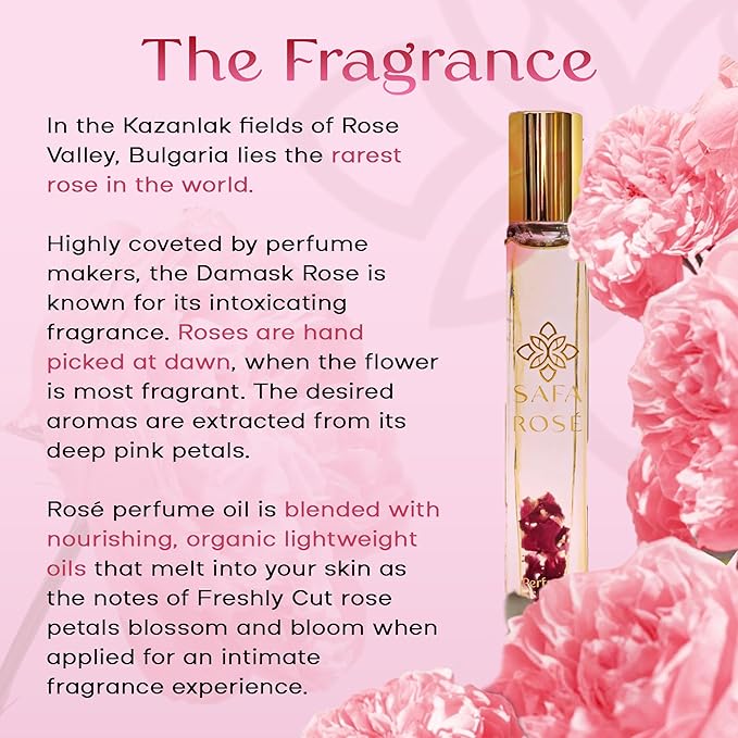 SAFA Rosé Organic Rose Oil Perfume Roller | Bulgarian Damask & Indian Rose Petals | 10 mL Fragrance Oil for Women & Men | Non-Toxic, Alcohol-Free, Natural Perfume Oil Roll-On
