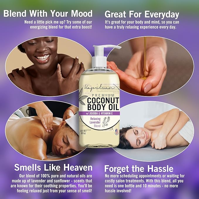 Massage Body Oil Relaxing Blend – Lavender Coconut Oil Blend for Stress Relief, Muscle Tension 8oz