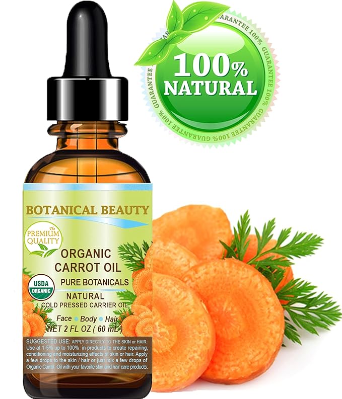 Botanical Beauty Organic CARROT SEED OIL 100% Pure VIRGIN UNREFINED Undiluted Cold Pressed Carrier Oil 2 Fl.oz.‐ 60 ml. for Face, Skin, Body, Hair, Lip, Nails. Rich in Beta Carotene, Vitamin E